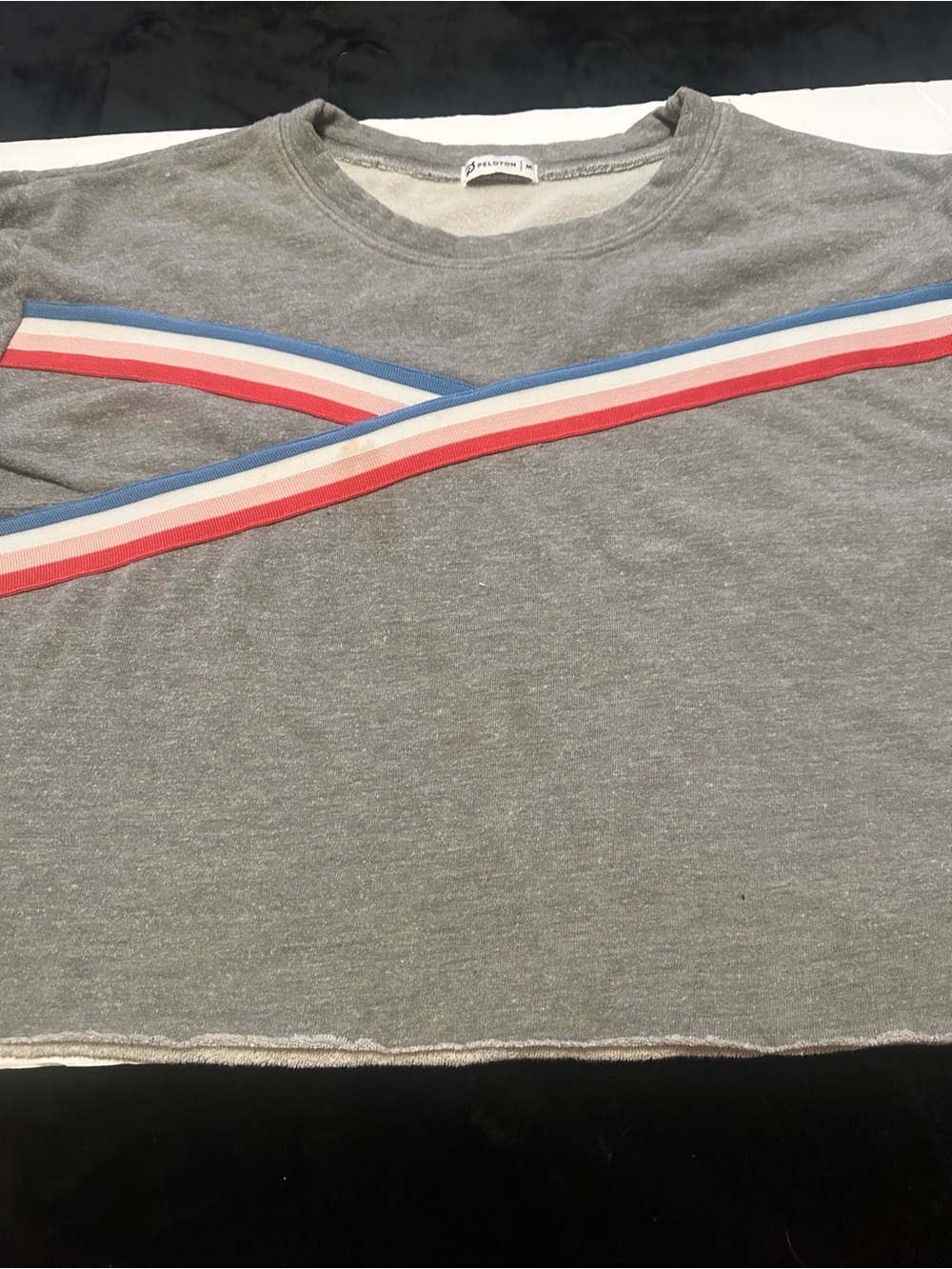 Peloton Gray Pullover Sweatshirt with Red, White, Blue & Pink Stripes